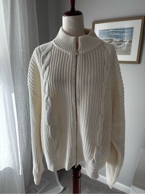 Cream Cable-Knit Zip-Up Cardigan Sweater